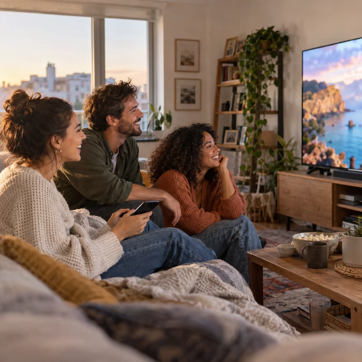 Friends sharing travel memories from a smartphone on a living-room TV.