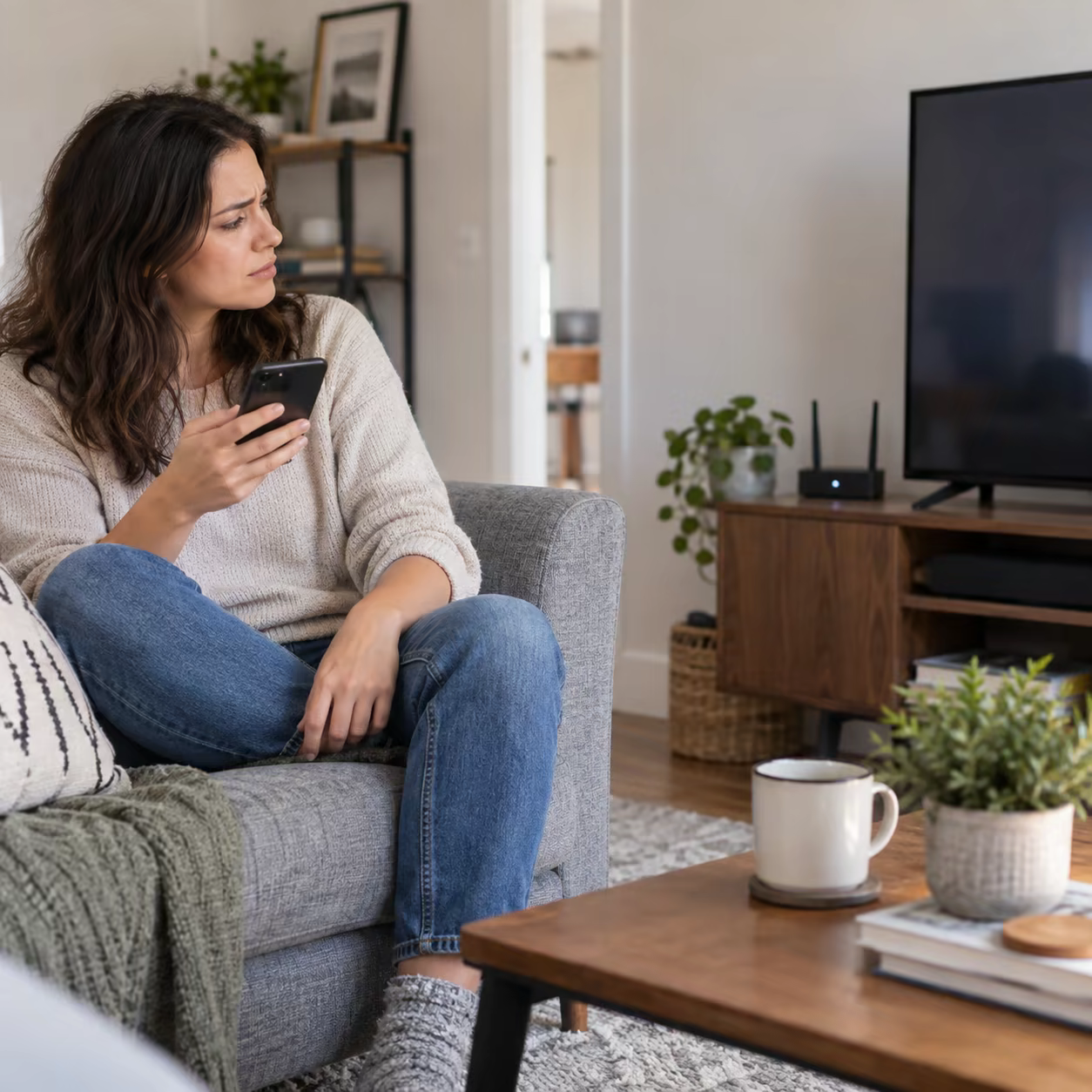 A person looking puzzled while checking a smartphone near an idle television.